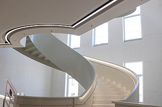 Moderne geschwungene Treppe im Hörsaalzentrum mit LED-Lichtband und Akustikdecke – hochwertiger Trockenbau und Innenausbau von SF‑Ausbau in Freiberg.