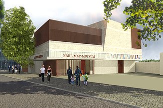 Visualisierung des Neubaus des Karl-May-Museums in Radebeul mit moderner Architektur, Natursteinfassade und großzügigem Eingangsbereich – schlüsselfertiger Kultur- und Museumsbau von SF‑Ausbau in Sachsen.