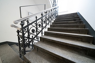 Saniertes Treppenhaus mit Natursteinstufen und denkmalgerechtem Metallgeländer im Verwaltungsgebäude an der Hansastraße in Dresden – hochwertige Sanierung und schlüsselfertiger Innenausbau durch SF‑Ausbau.