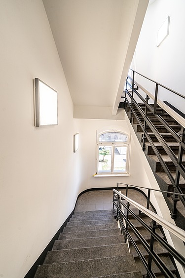Saniertes Treppenhaus im Verwaltungsgebäude Hansastraße 17 in Dresden mit Natursteinstufen, historischen Geländern, großem Fenster und modernisiertem Innenausbau – schlüsselfertige Sanierung durch SF‑Ausbau.